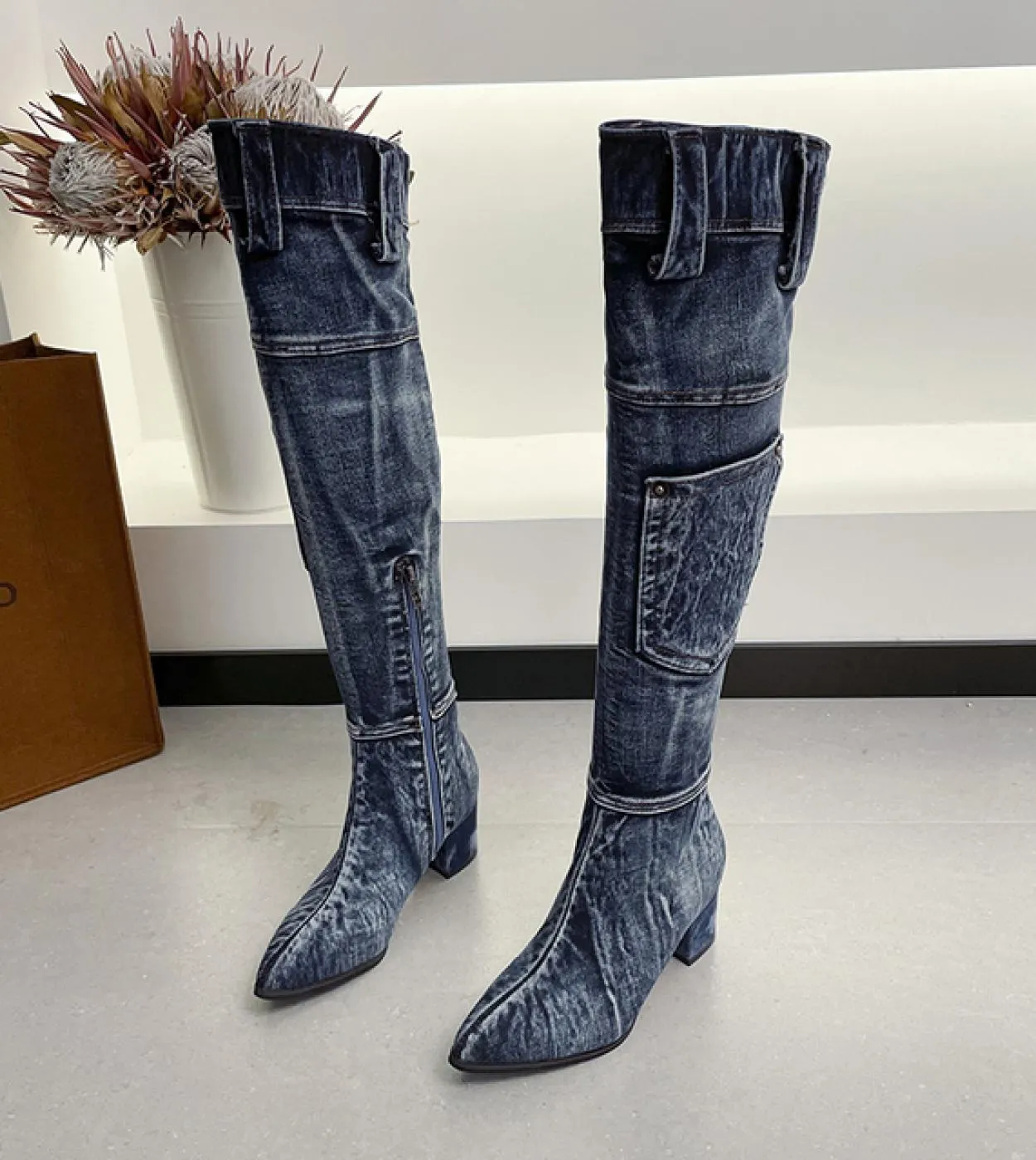 2022 Jean Boots Stivali alti al ginocchio da donna Cerniera 6cm Tacco alto Donna Jeans alla moda Stivali Stivali da donna in den