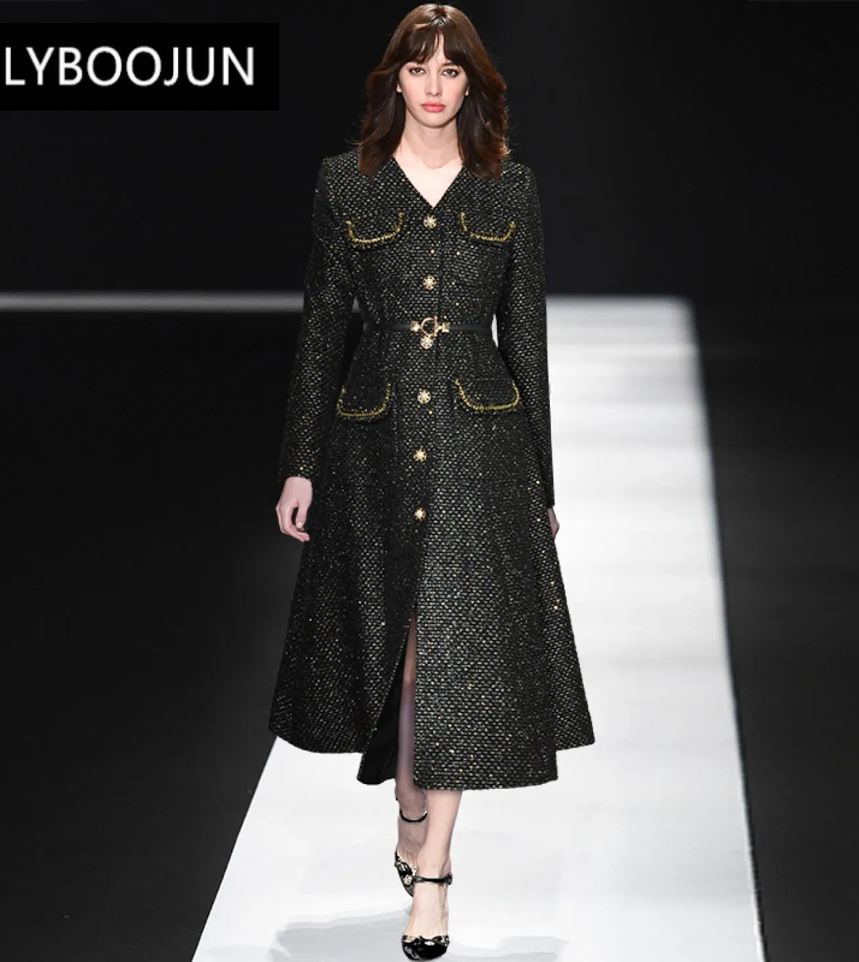 2022 Pista Lungo Trench Coat Per Le Donne Sparkling Paillettes Tweed Nappe Soprabito Con Scollo A V Manica Lunga Perline Di Lana