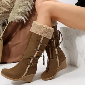 2024 Moda Inverno Stivali moderni Metà polpaccio Allacciatura etnica Punta rotonda Tacchi alti Tacchi inclinati Stivali da donna