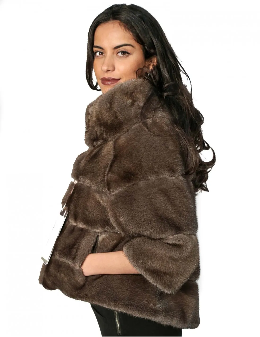 46 Pelliccia donna giacca mantella visone orizzontale grey moon marrone con coll 