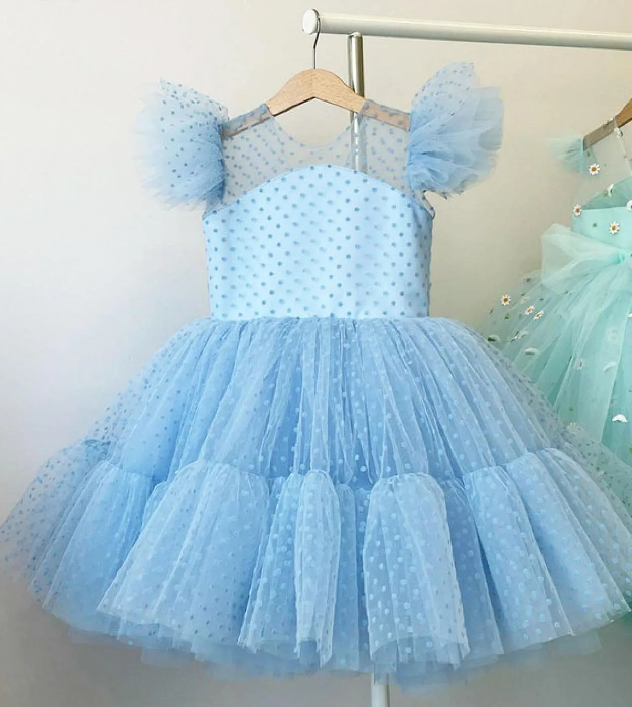 Abiti da festa per ragazza rosa Abiti a maniche lunghe a pois per compleanno Tulle Tutu Abito per bambini Fiocco per bambini Cos