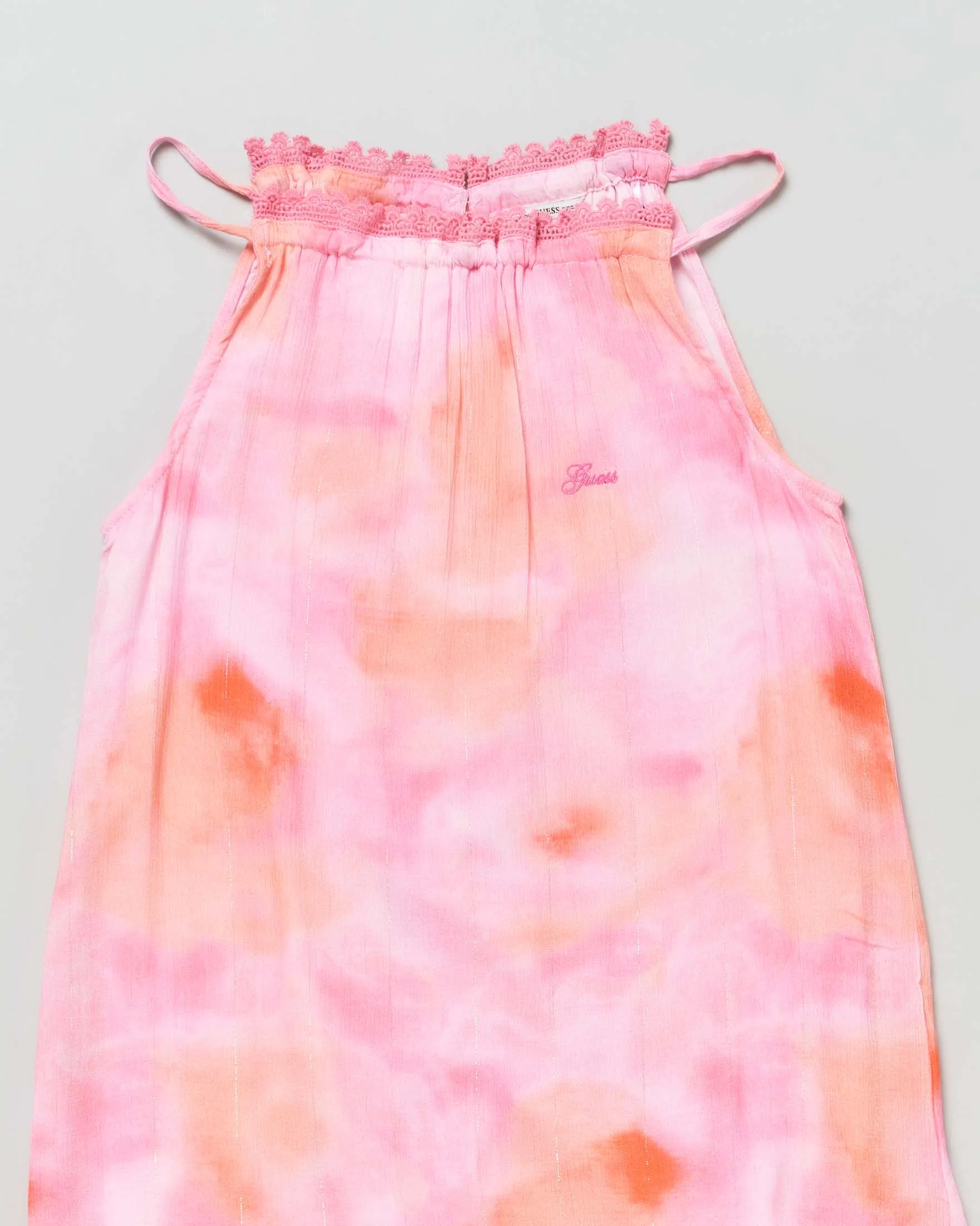 Abito smanicato in viscosa rosa e arancione tie-dye con balza al fondo 10-16 anni