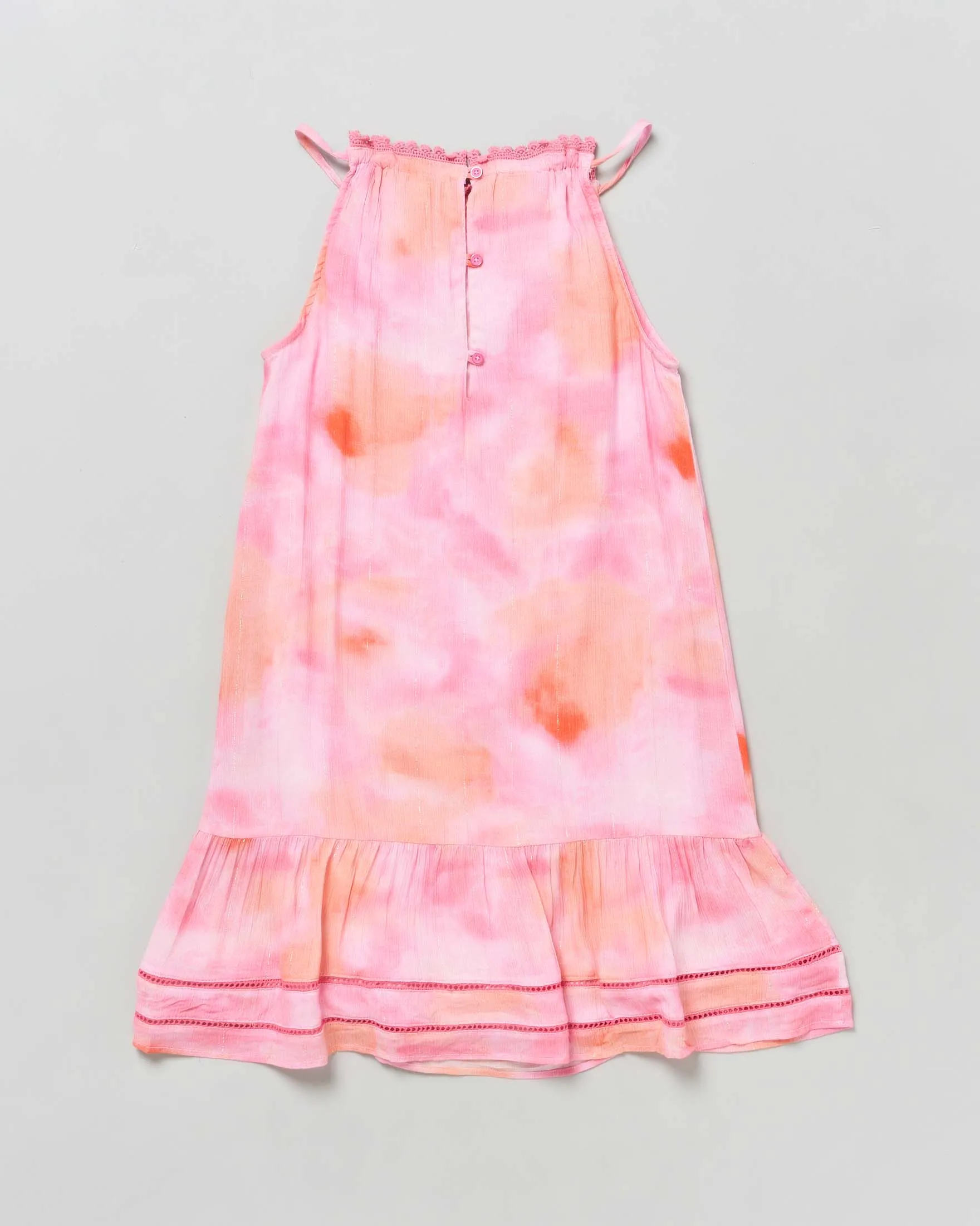 Abito smanicato in viscosa rosa e arancione tie-dye con balza al fondo 10-16 anni