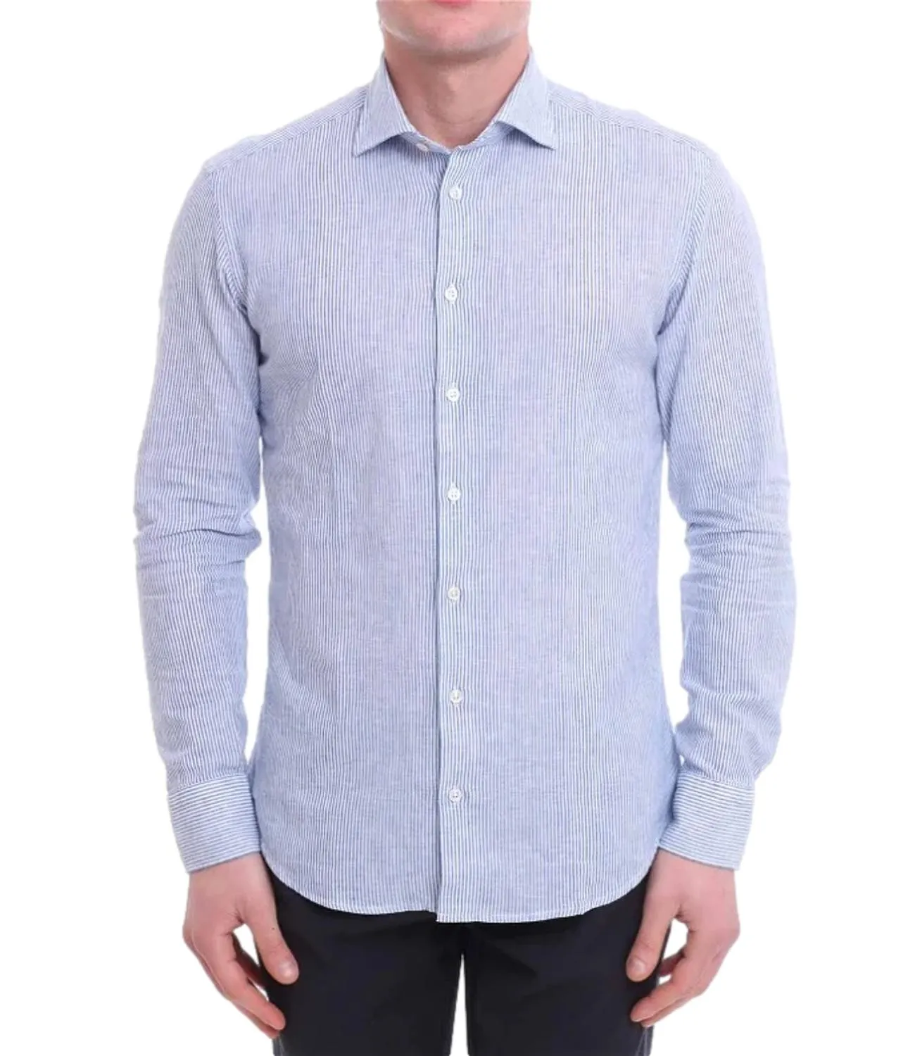 BASTONCINO Camicia Bastoncino in lino bacchetta a righe sottili blu e bianche