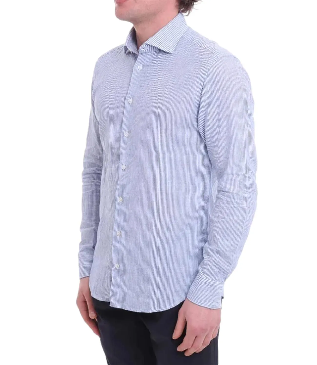 BASTONCINO Camicia Bastoncino in lino bacchetta a righe sottili blu e bianche