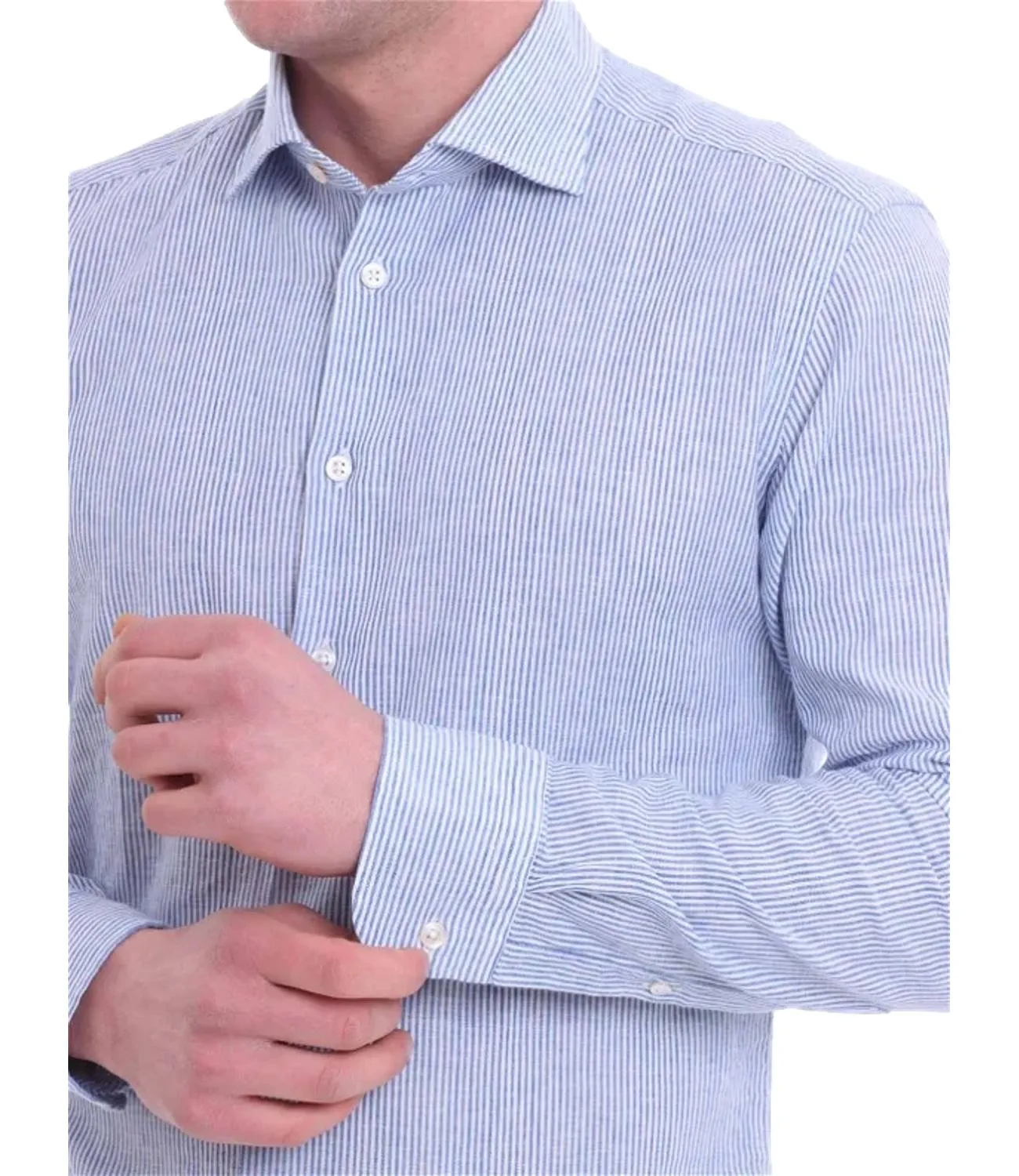 BASTONCINO Camicia Bastoncino in lino bacchetta a righe sottili blu e bianche
