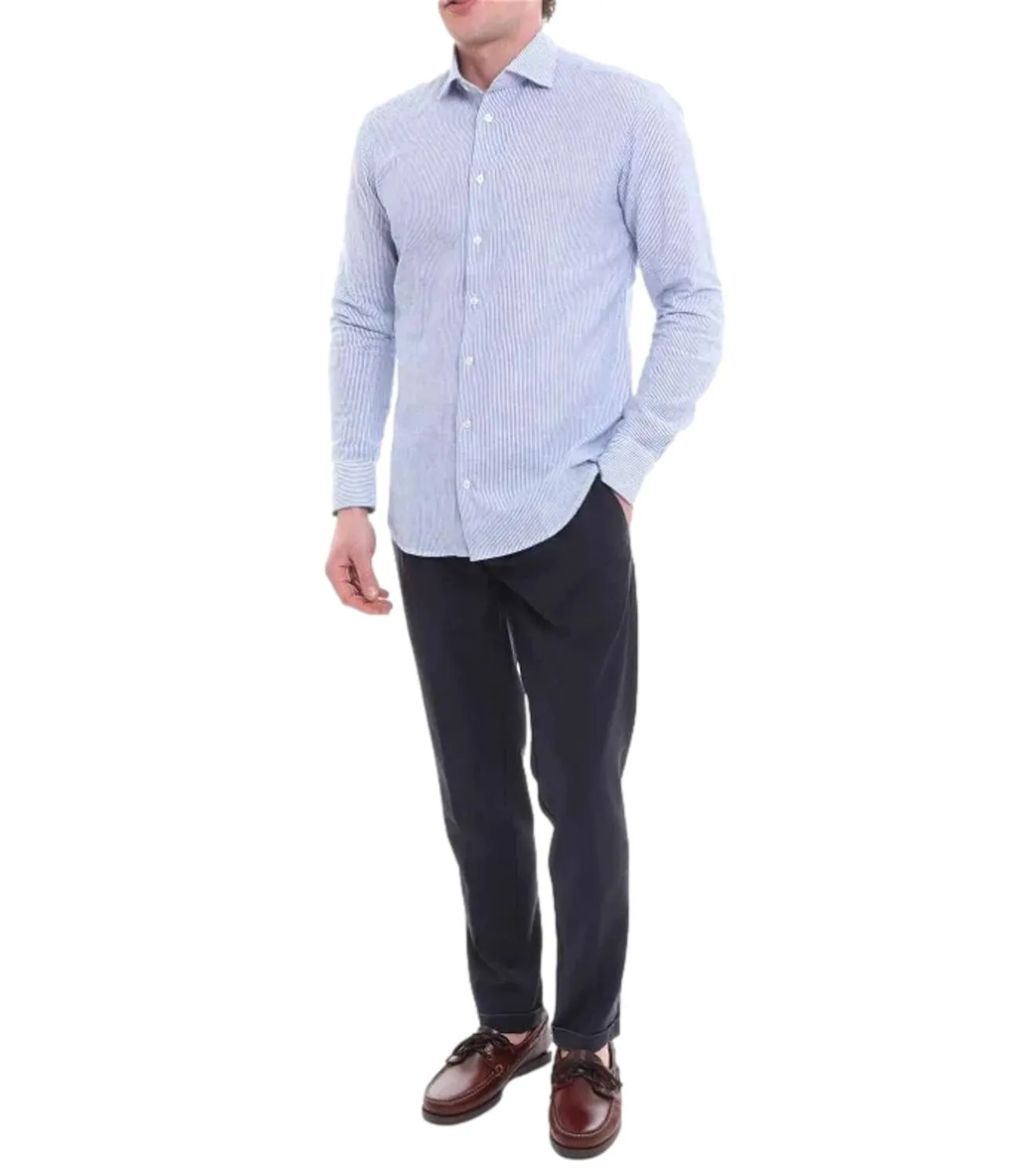 BASTONCINO Camicia Bastoncino in lino bacchetta a righe sottili blu e bianche