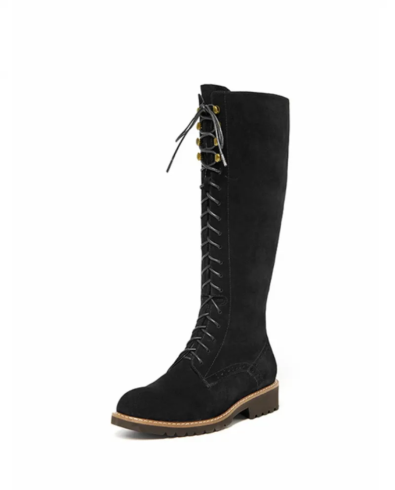 Beautoday Stivali Lunghi Donna Pelle Scamosciata Mucca Brogue Stringata Cerniera Laterale Moda Inverno Stivali Alti Al Ginocchio