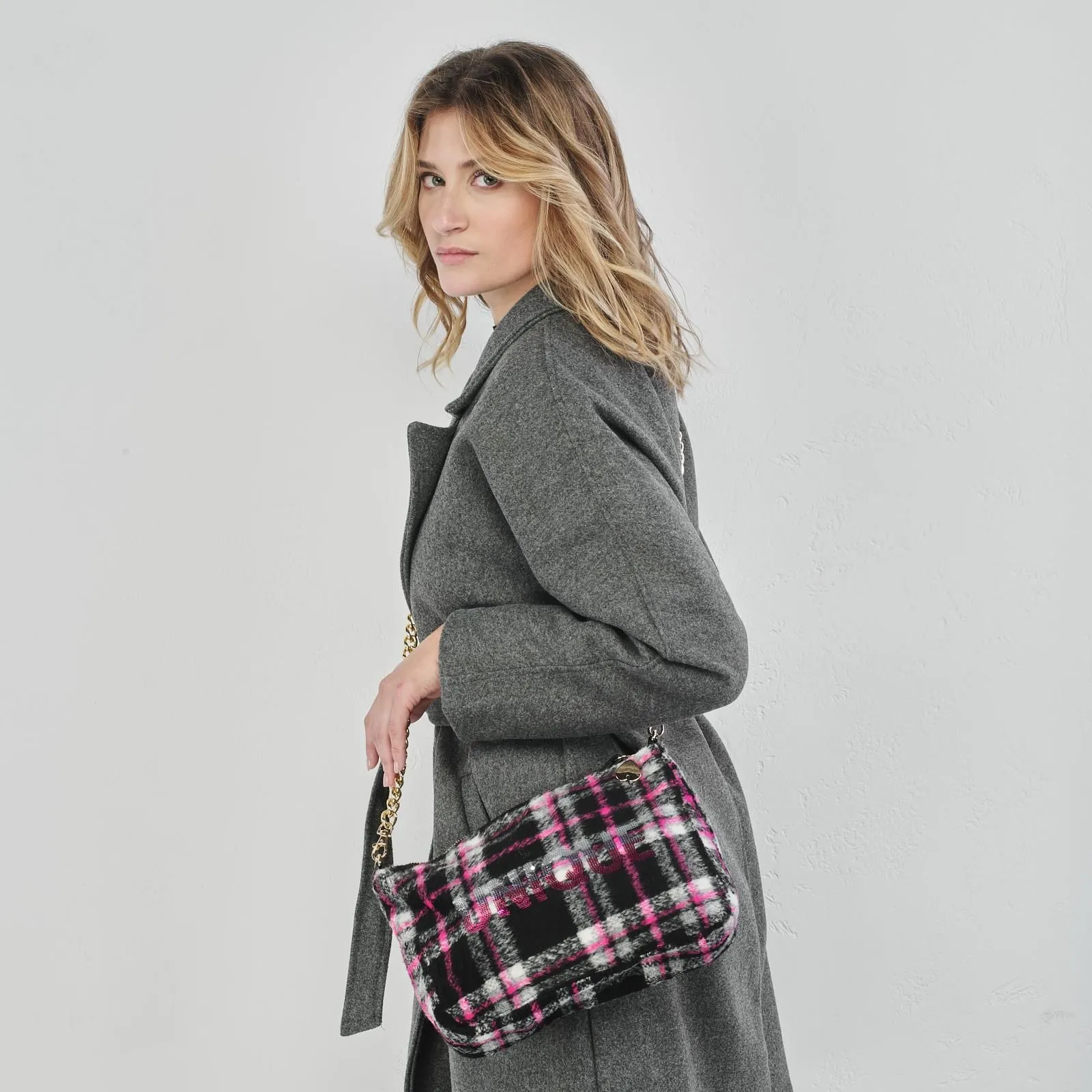 Borsa grigia in fantasia check con strass
