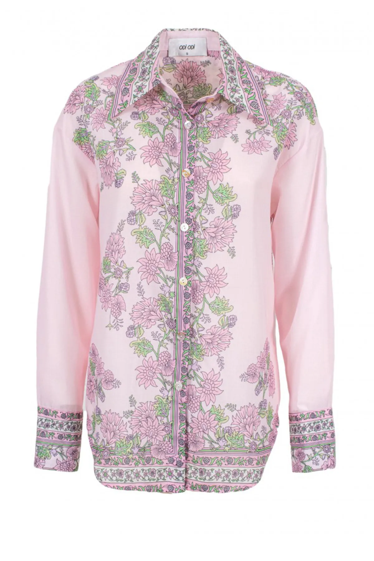 Camicia donna con decori floreali sul fronte e sui polsini tessuto cotone chiusura bottoni