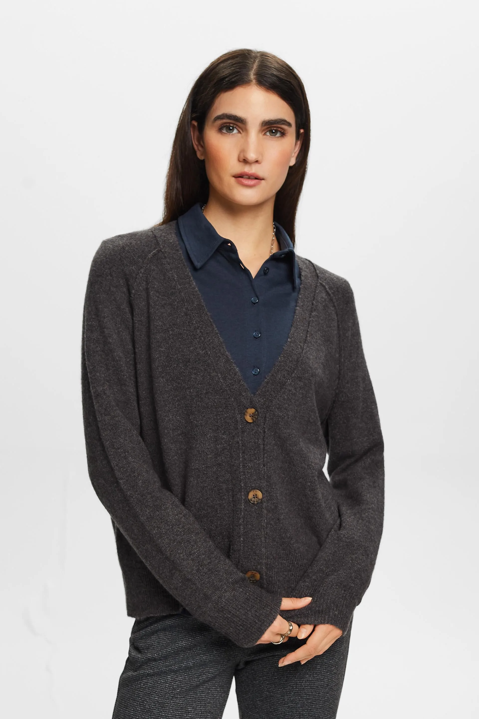 Cardigan a V con bottoni, misto lana