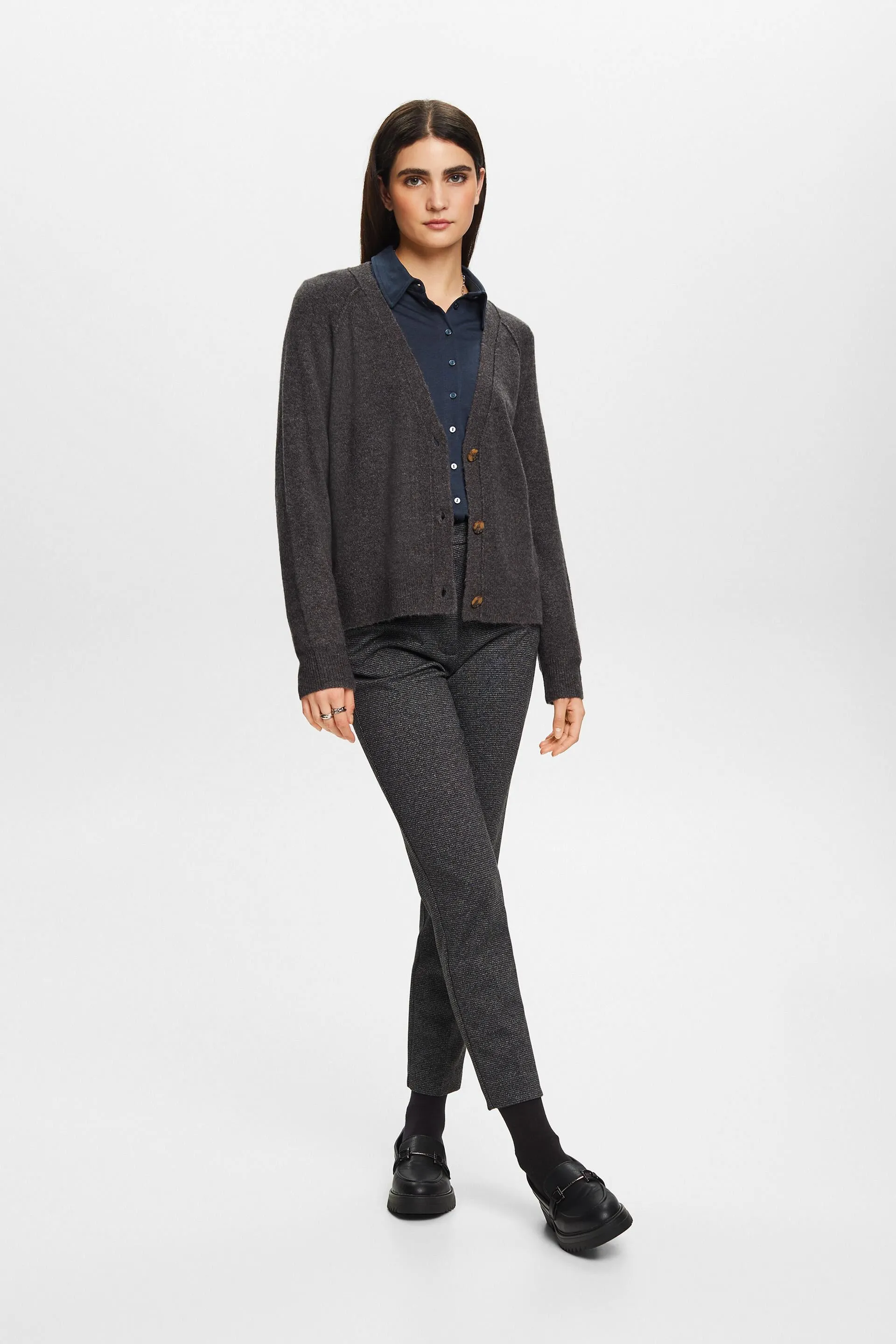Cardigan a V con bottoni, misto lana