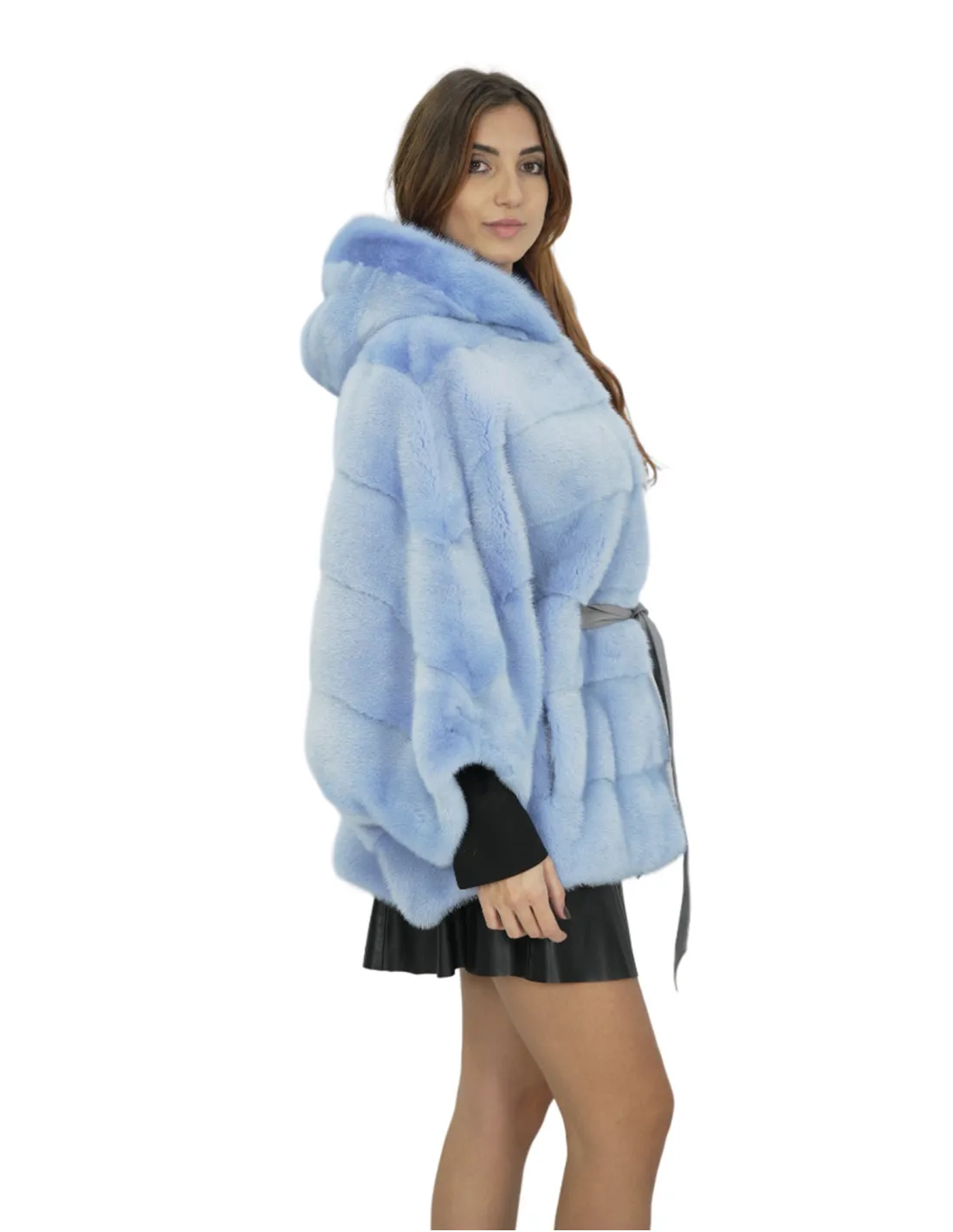 Celeste mantella con cappuccio 48/54 pelliccia visone orizzontale con cappuccio foderato pelliccia 