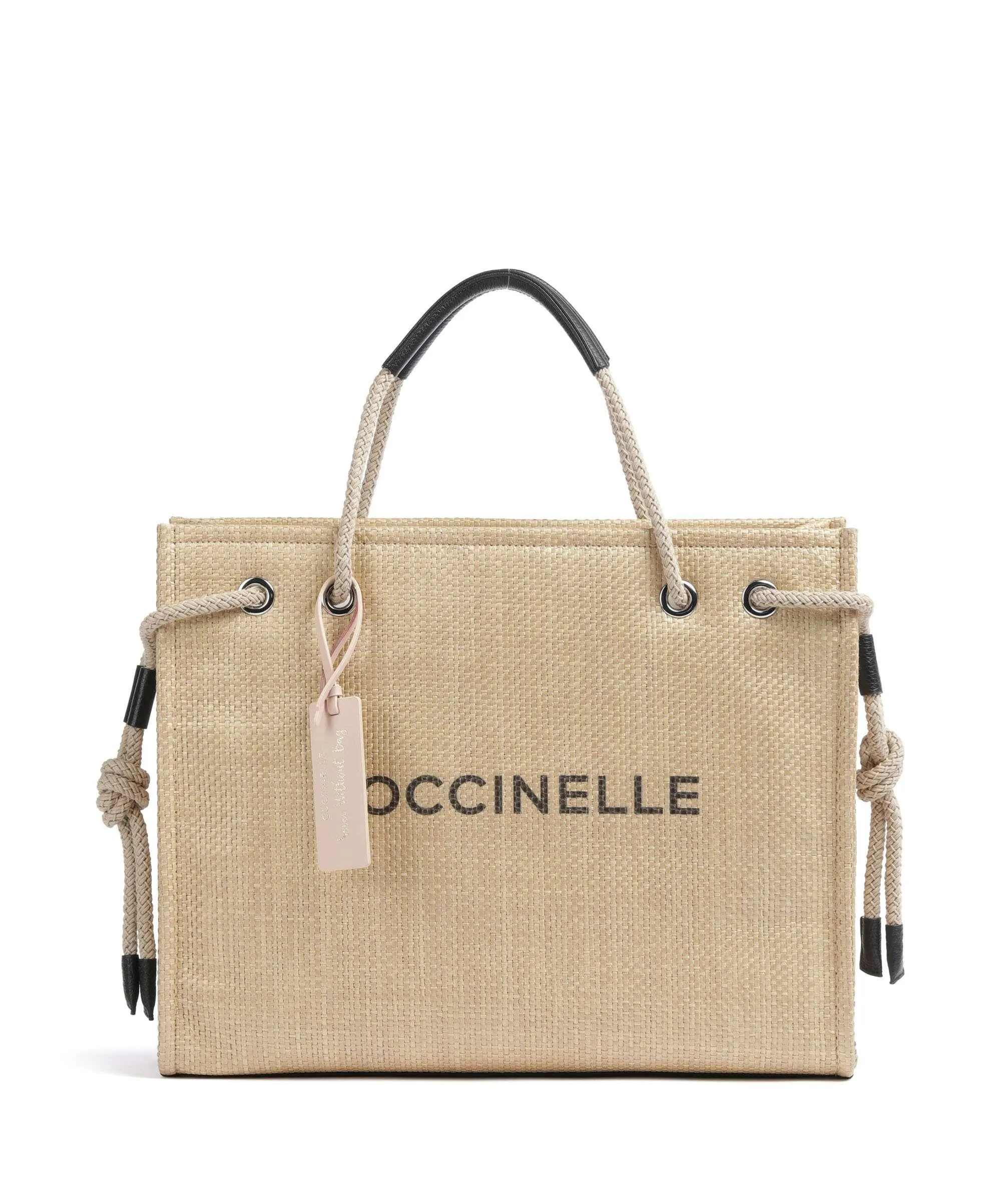  Coccinelle Never Without Bag Straw Logo Print Borsa shopper libro natura  