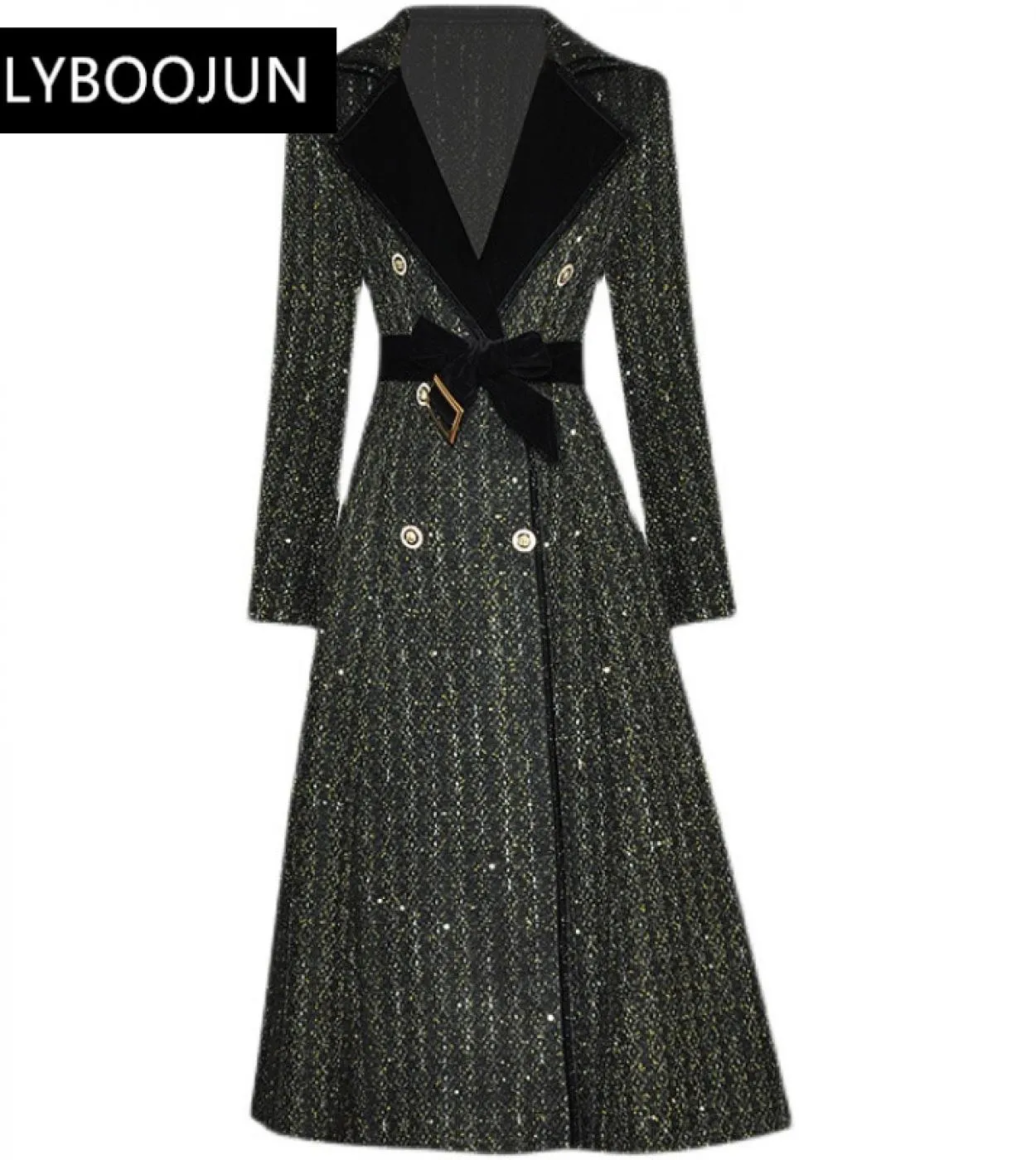 Designer Fashion Winter Woman Soprabito di lana nero con cintura Colletto con risvolto Fusciacche doppio petto Scintillante Casu