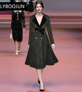 Designer Fashion Winter Woman Soprabito di lana nero con cintura Colletto con risvolto Fusciacche doppio petto Scintillante Casu