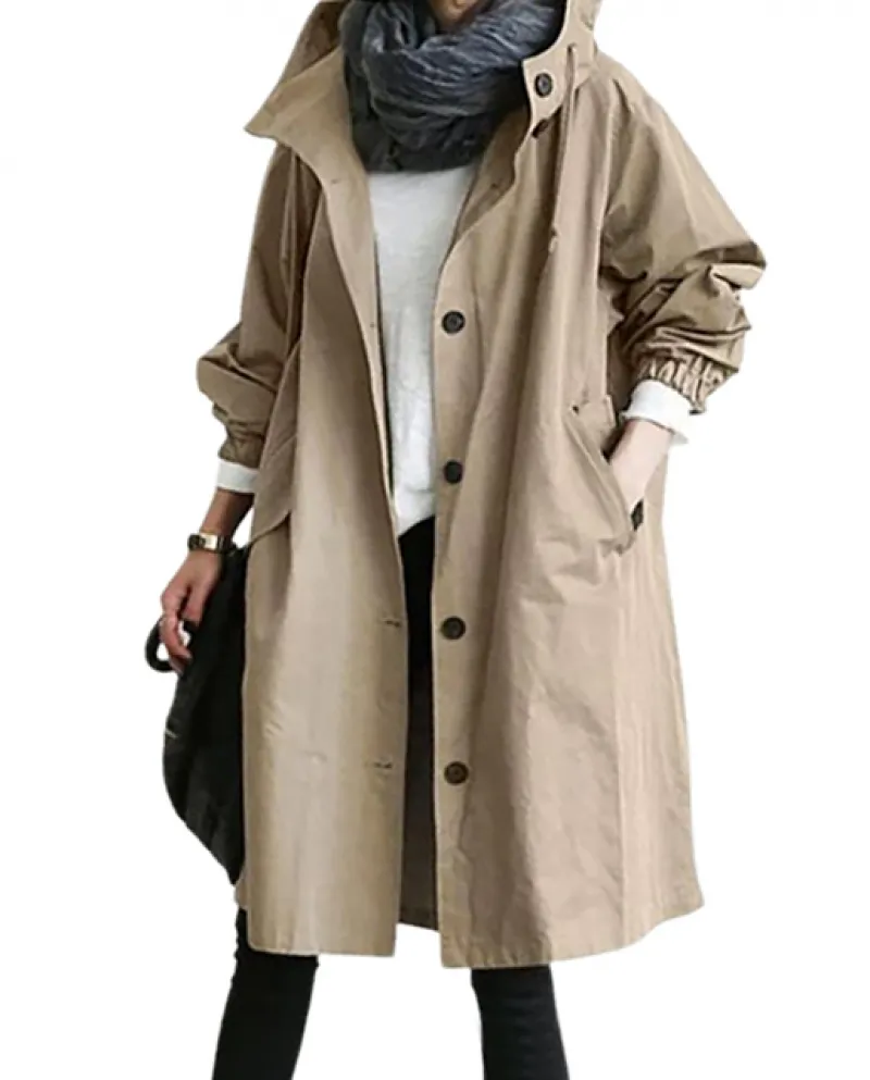 Giacca donna oversize lunga tinta unita bottoni tasca soprabito con cappuccio
