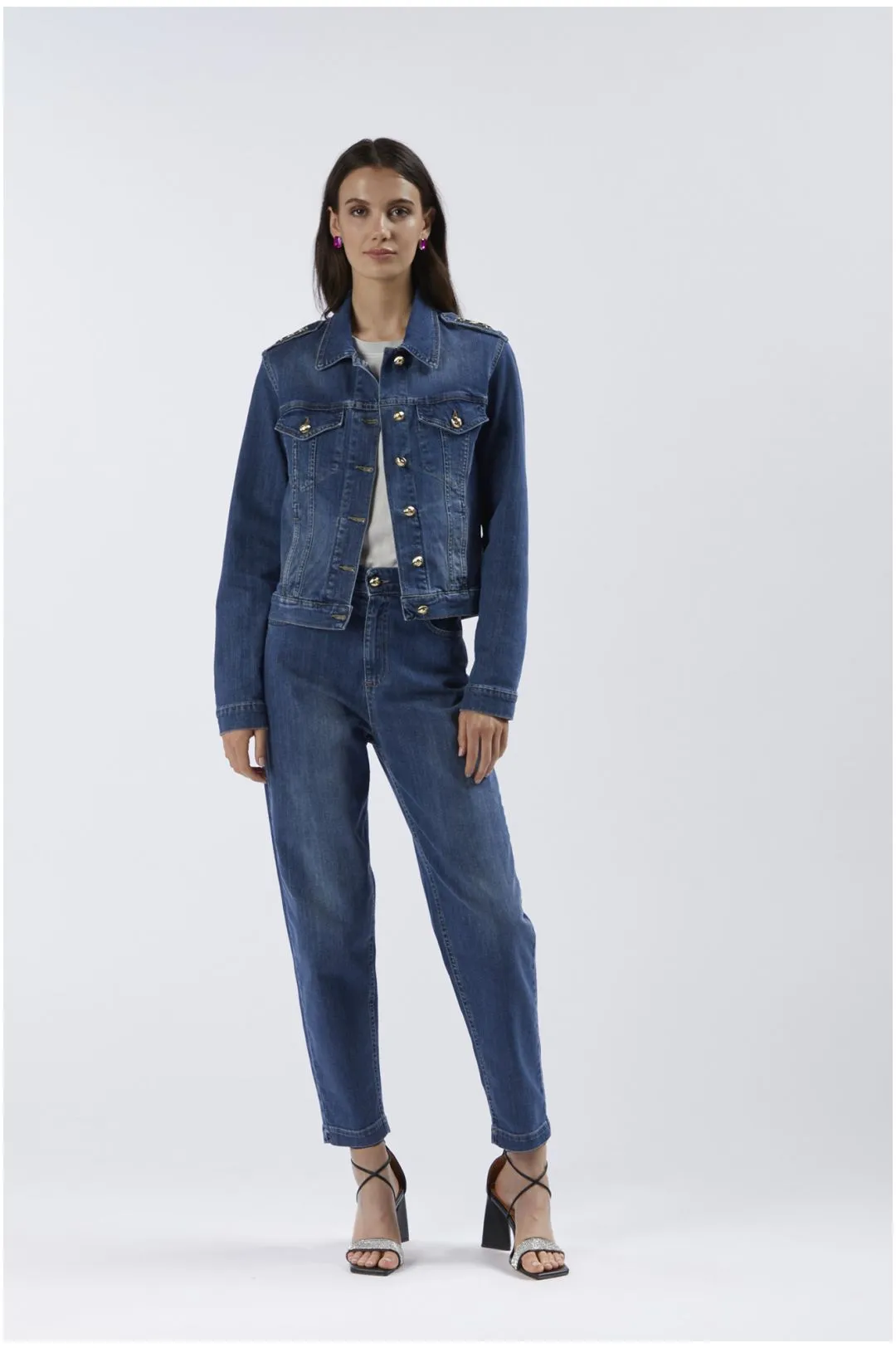 giubbino denim con placchette blu medio