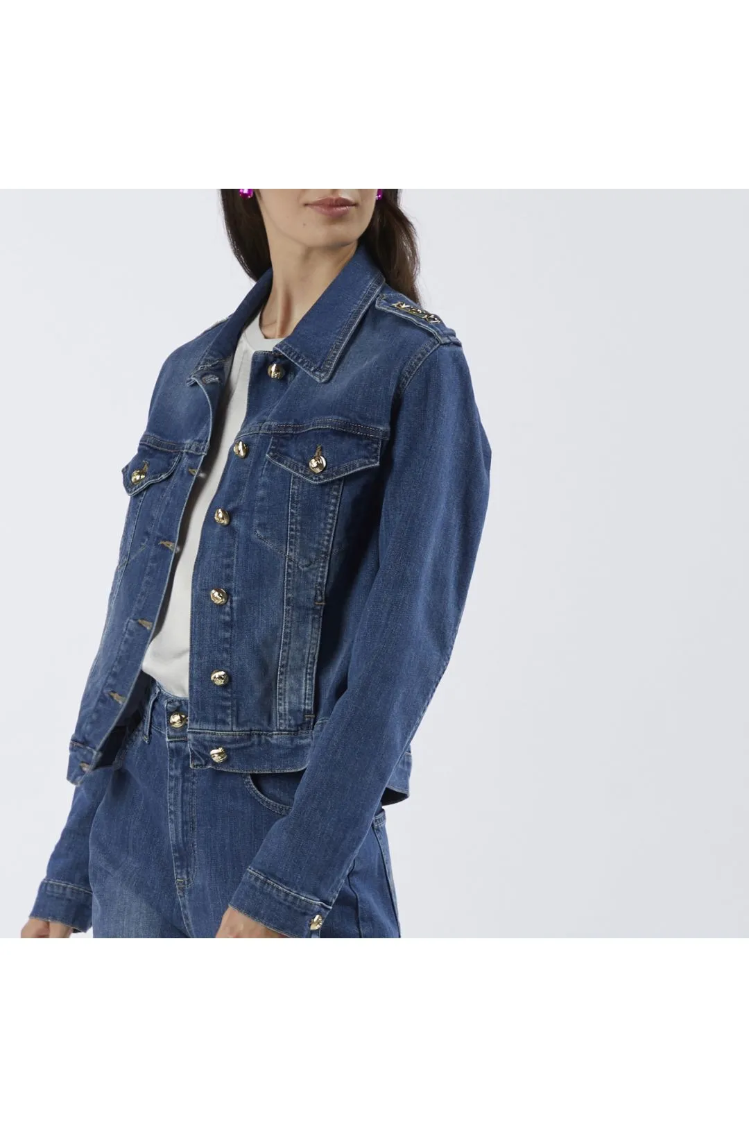 giubbino denim con placchette blu medio