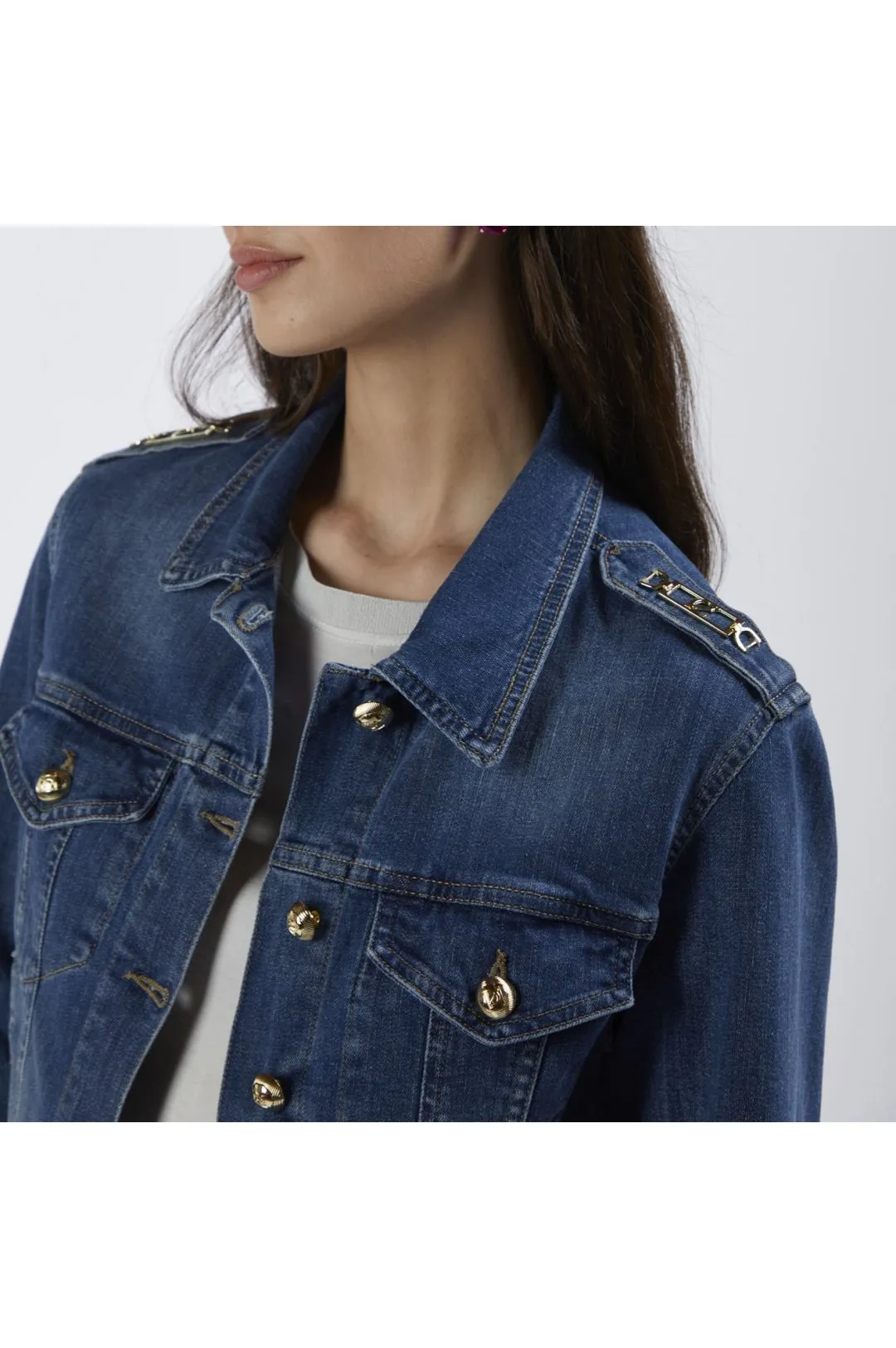 giubbino denim con placchette blu medio