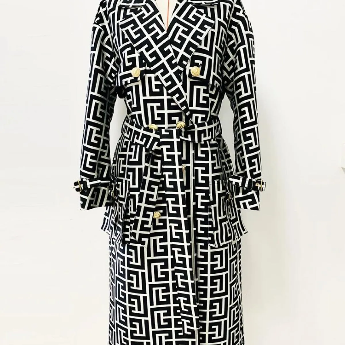 High Street Novità Autunno Inverno 2022 Designer Donna Bottoni Leone Monogramma geometrico Jacquard Trench con cintura Soprabito