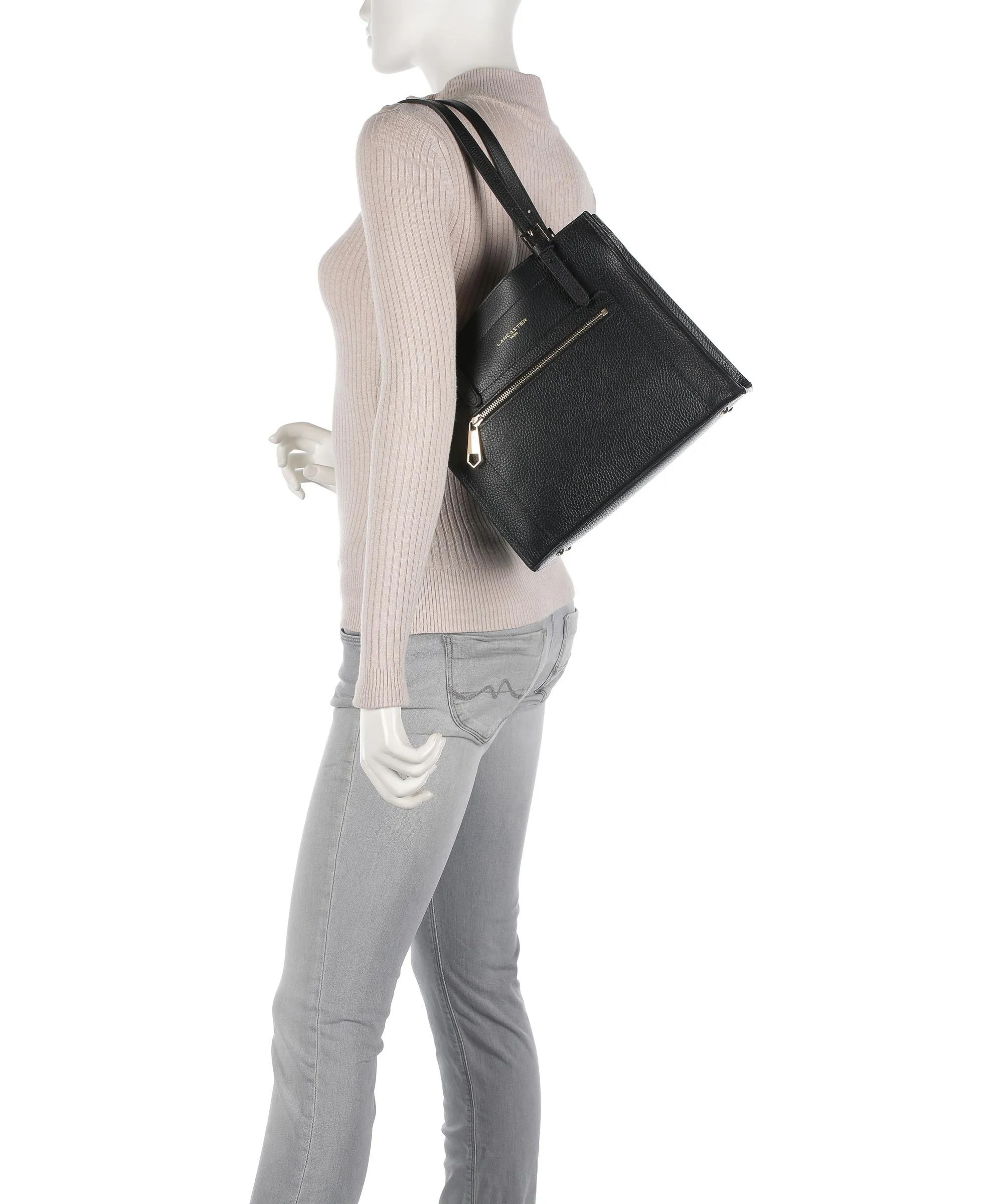  Lancaster Foulonne Double Borsa shopper pelle di vacchetta grana nero  