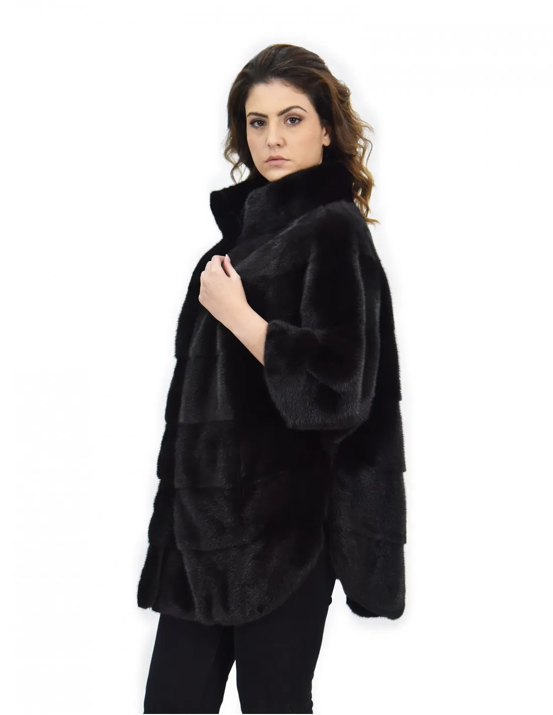 Mantella black pelliccia visone orizzontale 44-48 manica 3/4 pistagna 