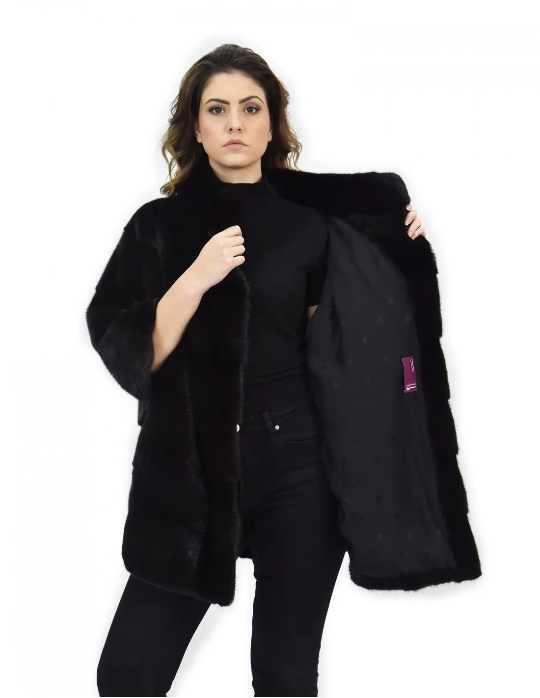 Mantella black pelliccia visone orizzontale 44-48 manica 3/4 pistagna 