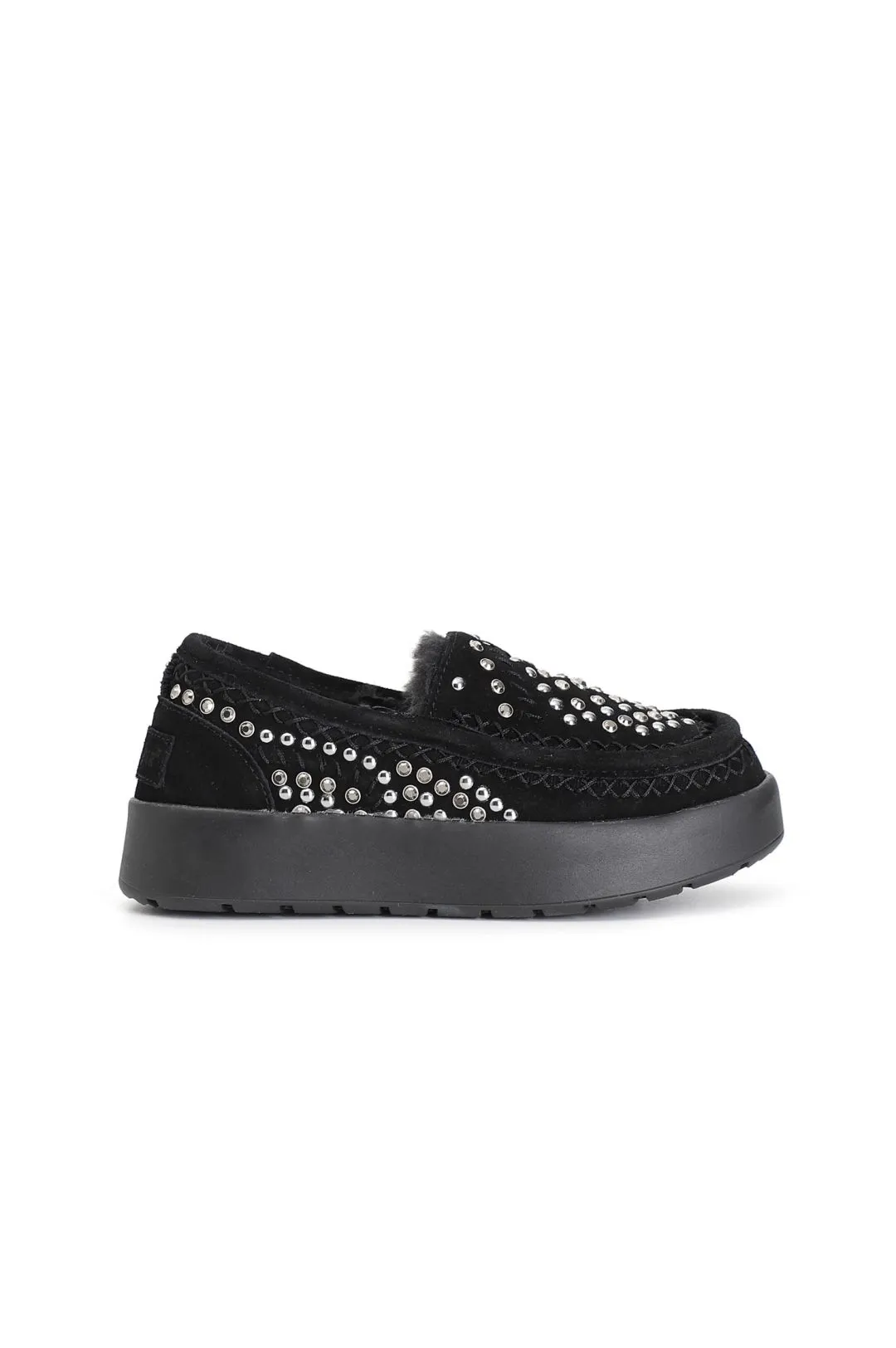 mocassino in pelle scamosciata con strass e borchie nero