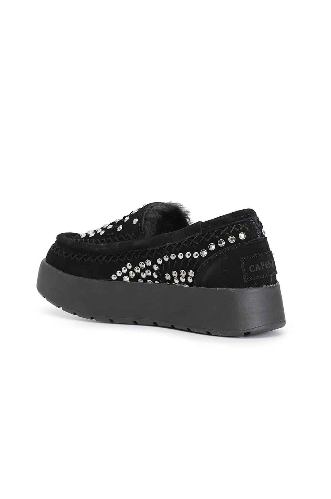 mocassino in pelle scamosciata con strass e borchie nero
