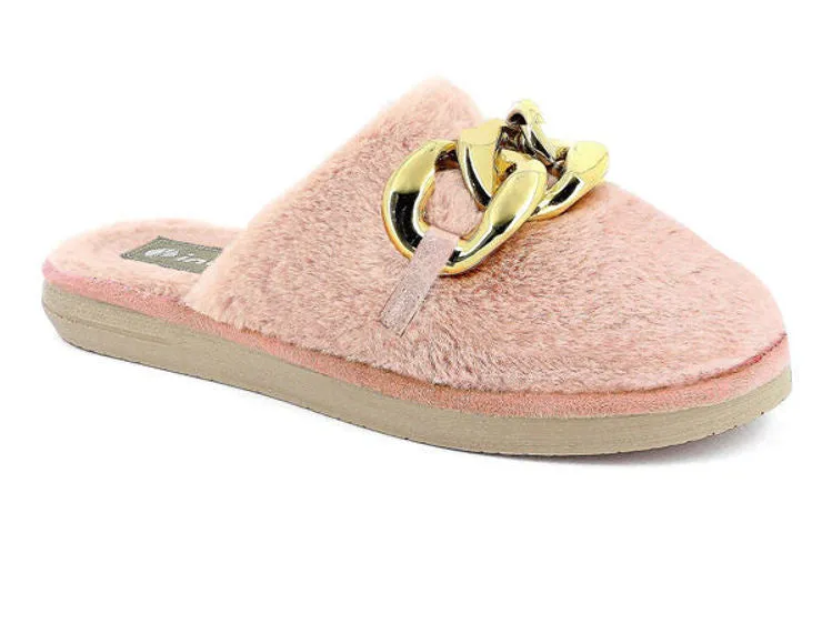 PANTOFOLE ECOPELLICCIA ROSA CON CATENA