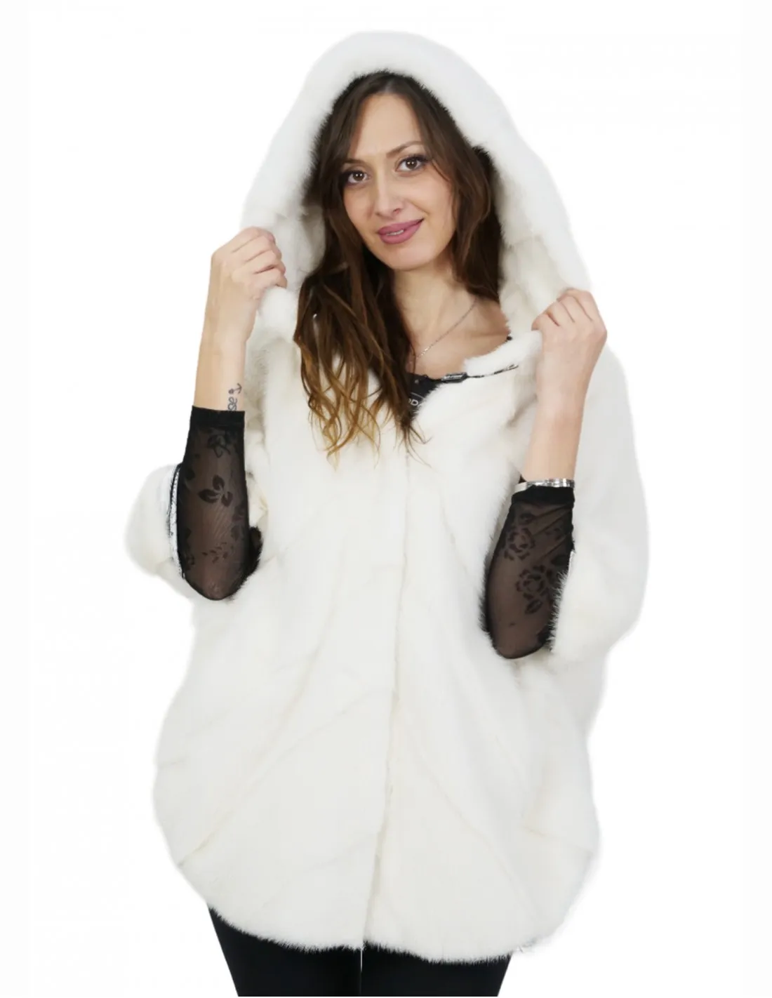 Pelliccia visone taglia 48 bianco mantella lungo 76 centimetri cappuccio donna 