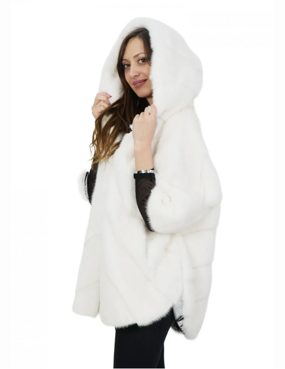 Pelliccia visone taglia 48 bianco mantella lungo 76 centimetri cappuccio donna 