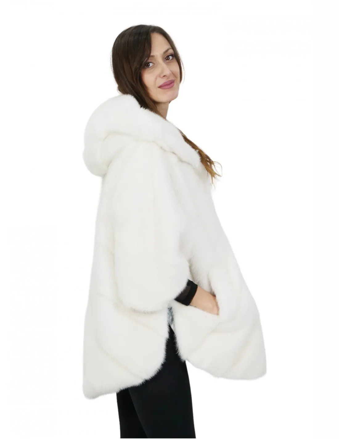Pelliccia visone taglia 48 bianco mantella lungo 76 centimetri cappuccio donna 
