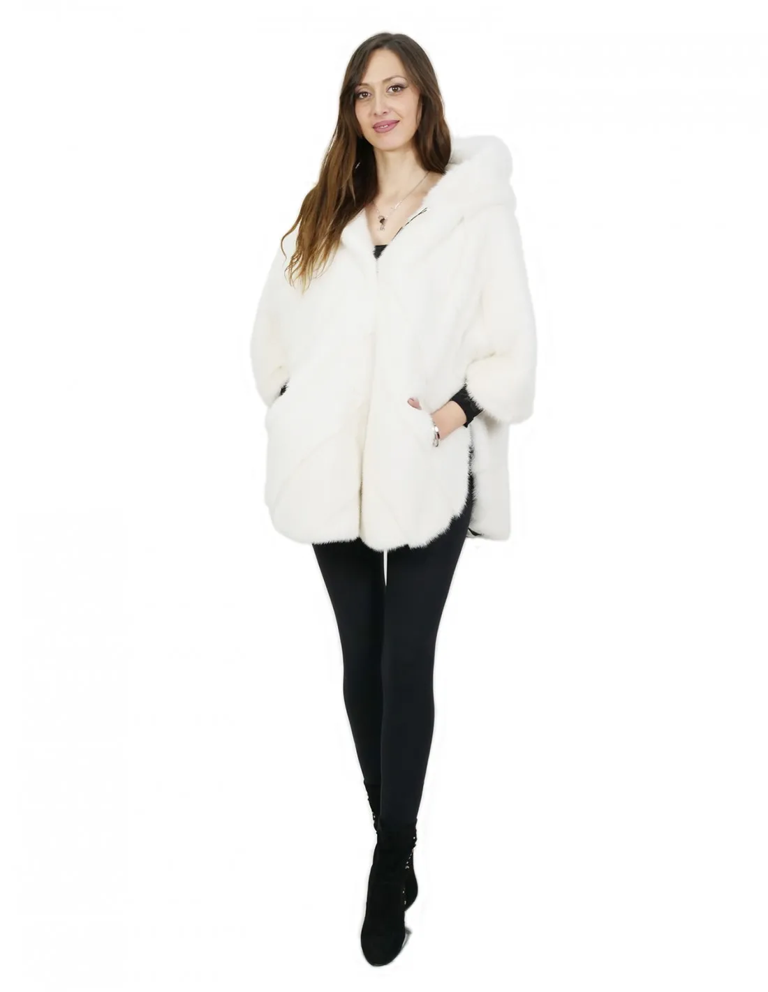Pelliccia visone taglia 48 bianco mantella lungo 76 centimetri cappuccio donna 