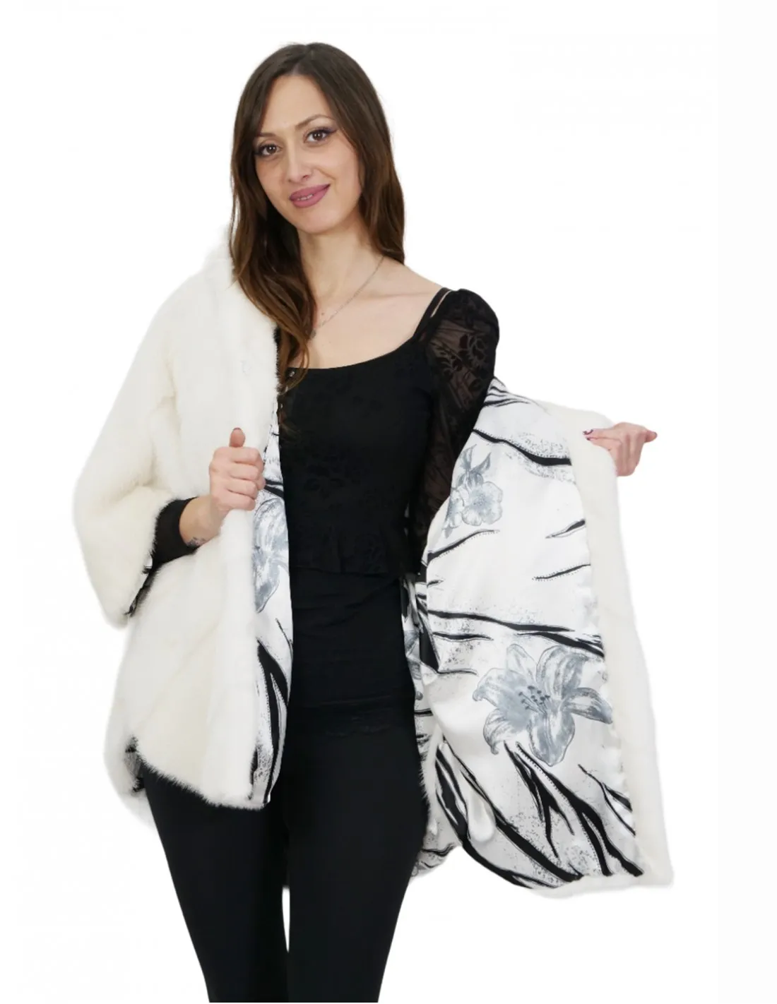 Pelliccia visone taglia 48 bianco mantella lungo 76 centimetri cappuccio donna 