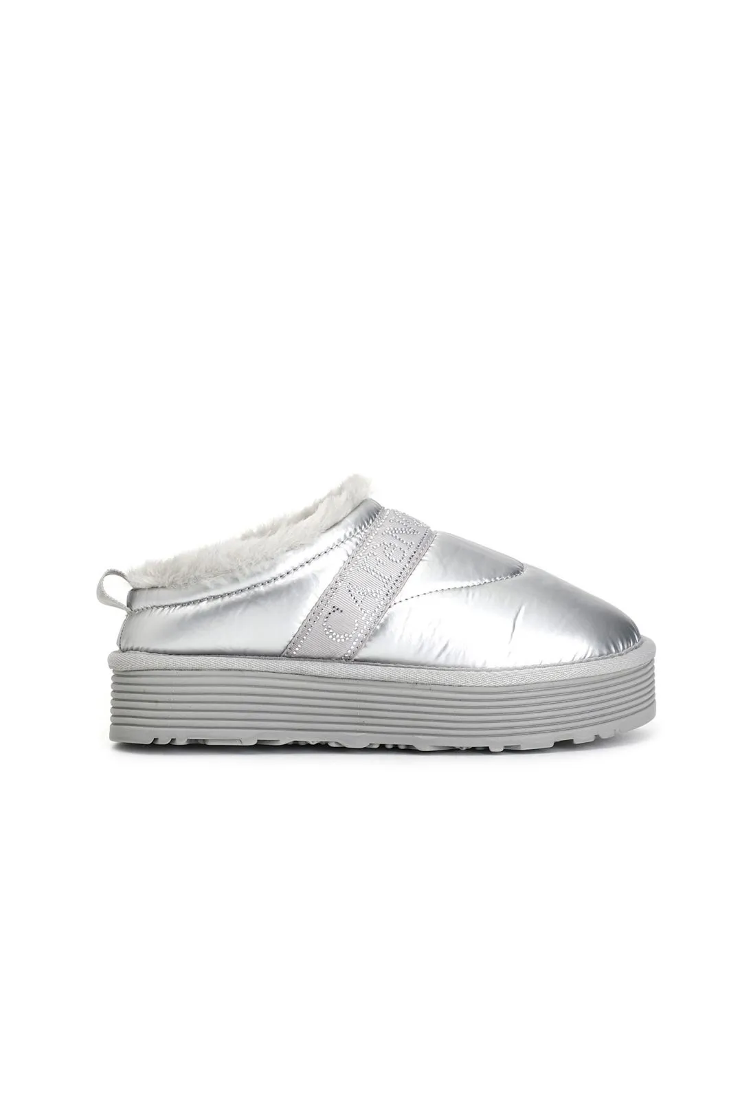 sabot in nylon con nastro logo strass argento