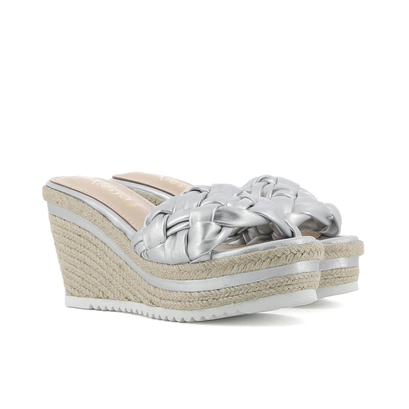 Sandali argento con zeppa in corda con maxi fascia intrecciata