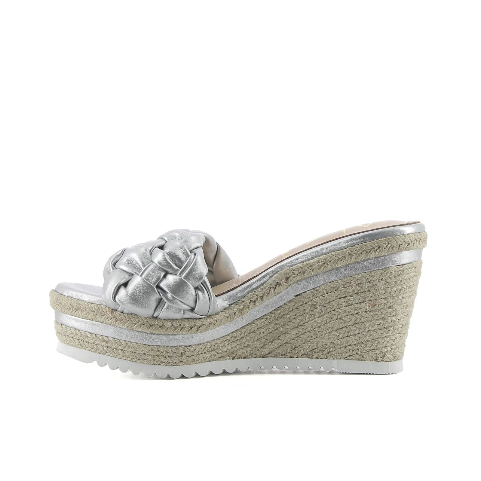 Sandali argento con zeppa in corda con maxi fascia intrecciata