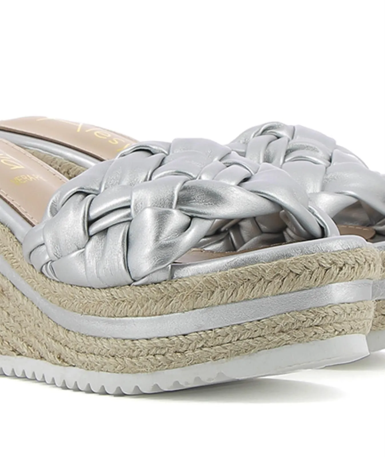 Sandali argento con zeppa in corda con maxi fascia intrecciata