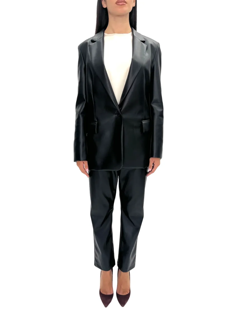 SOLOTRE   PANTALONE NERO IN SIMILPELLE