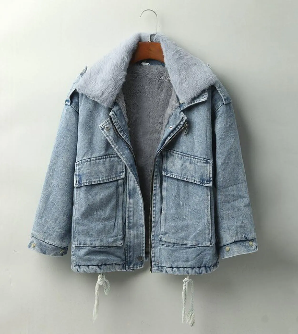 Soprabito da donna Tinta unita Calda fodera in pile invernale Giacche di jeans Colletto con risvolto Giacca di jeans a maniche l