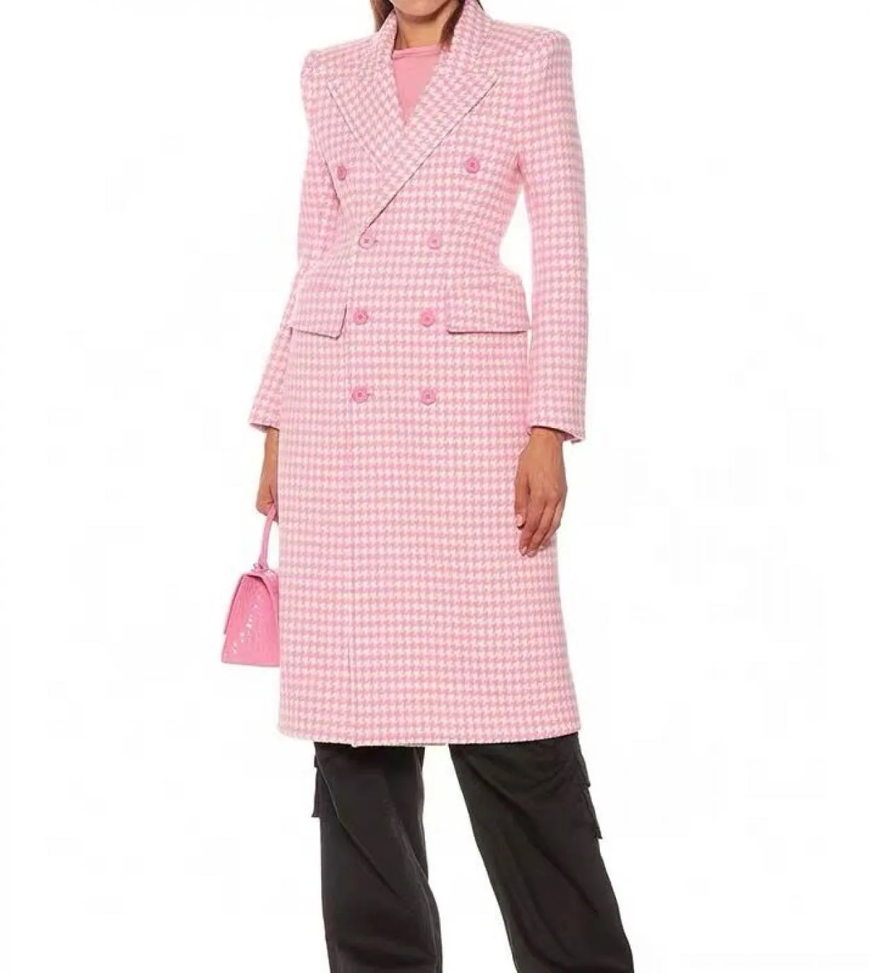Soprabito da stilista invernale di alta qualità da donna aderente doppio petto in lana tweed pied de poule rosa lungo coa