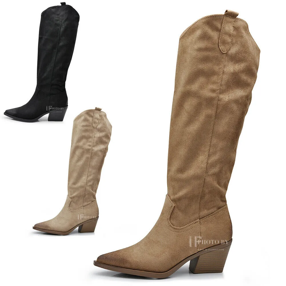 Stivali Alti Camperos Texani A Punta Ginocchio Western Camoscio Da Donna D7760
