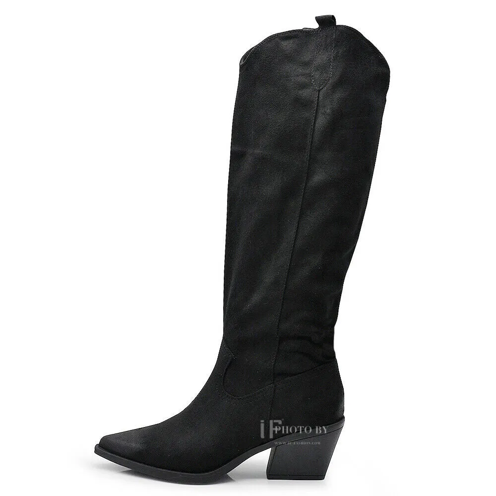 Stivali Alti Camperos Texani A Punta Ginocchio Western Camoscio Da Donna D7760