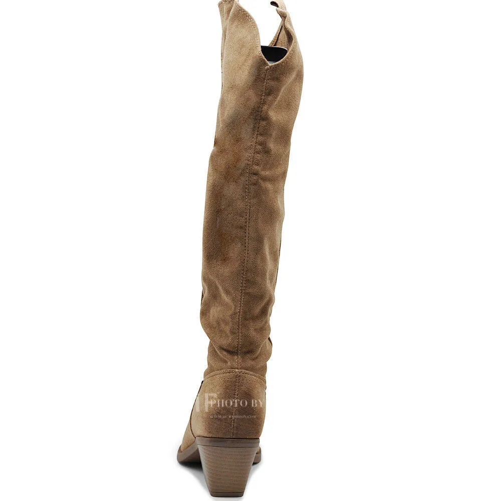 Stivali Alti Camperos Texani A Punta Ginocchio Western Camoscio Da Donna D7760