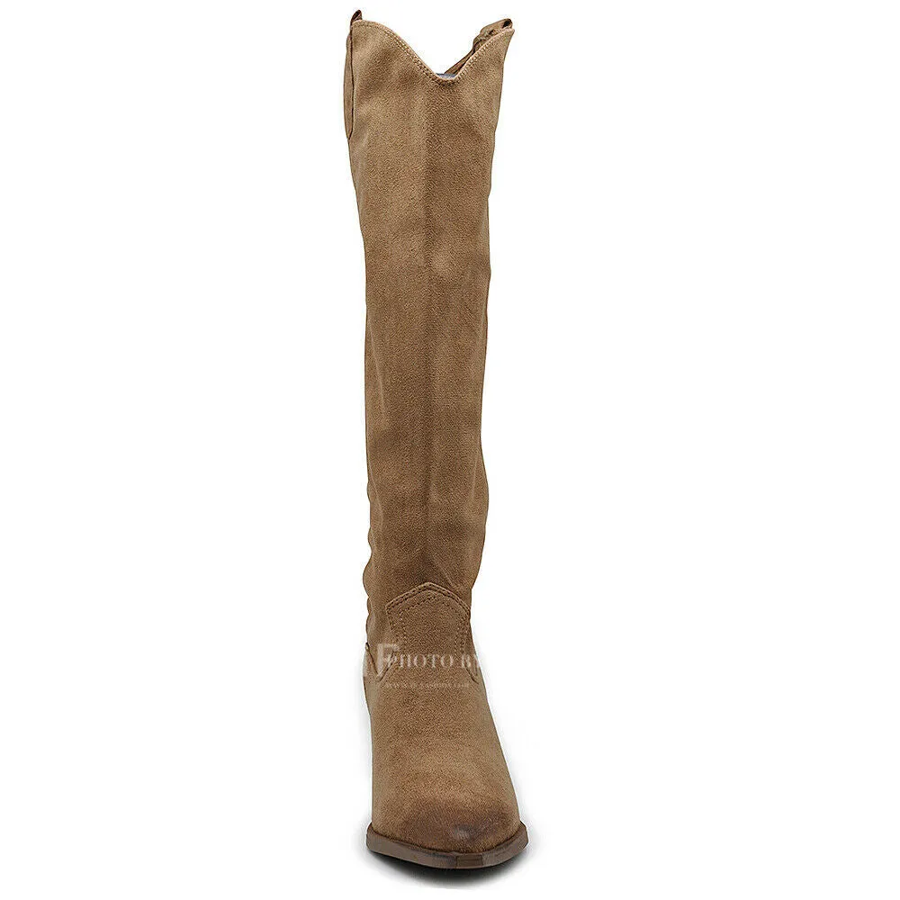 Stivali Alti Camperos Texani A Punta Ginocchio Western Camoscio Da Donna D7760