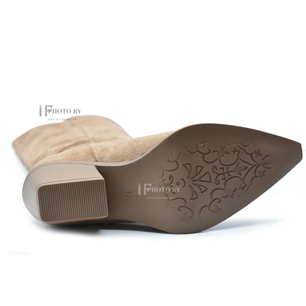 Stivali Alti Camperos Texani A Punta Ginocchio Western Camoscio Da Donna D7760
