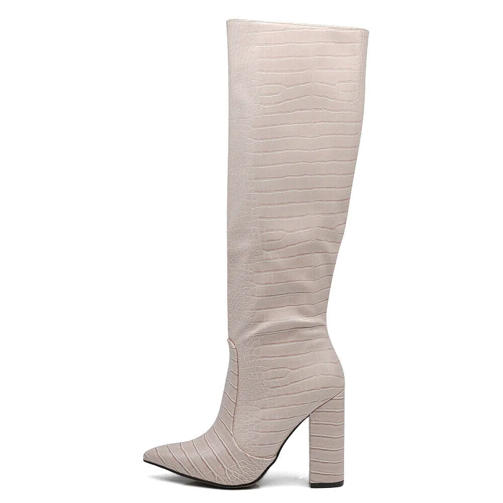 Stivali Alti Da Donna A Punta Tacco Camperos Coccodrillo MS25006 nero beige