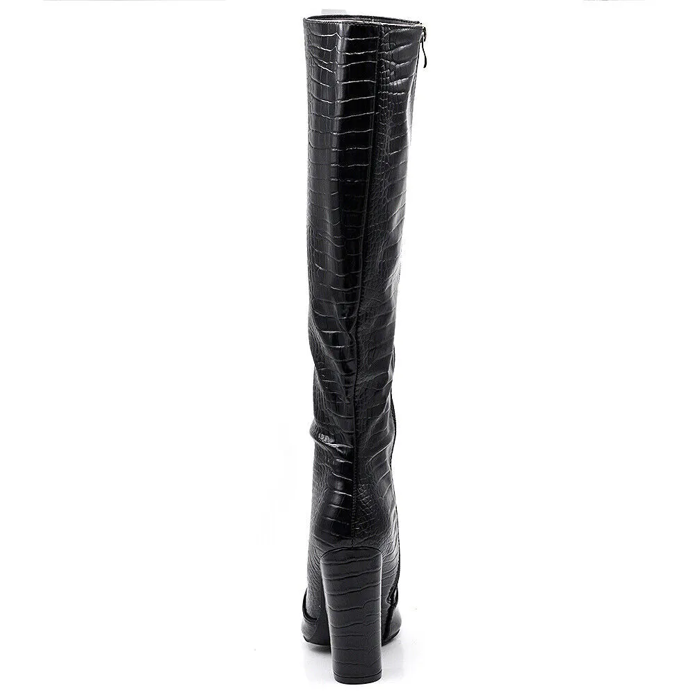 Stivali Alti Da Donna A Punta Tacco Camperos Coccodrillo MS25006 nero beige